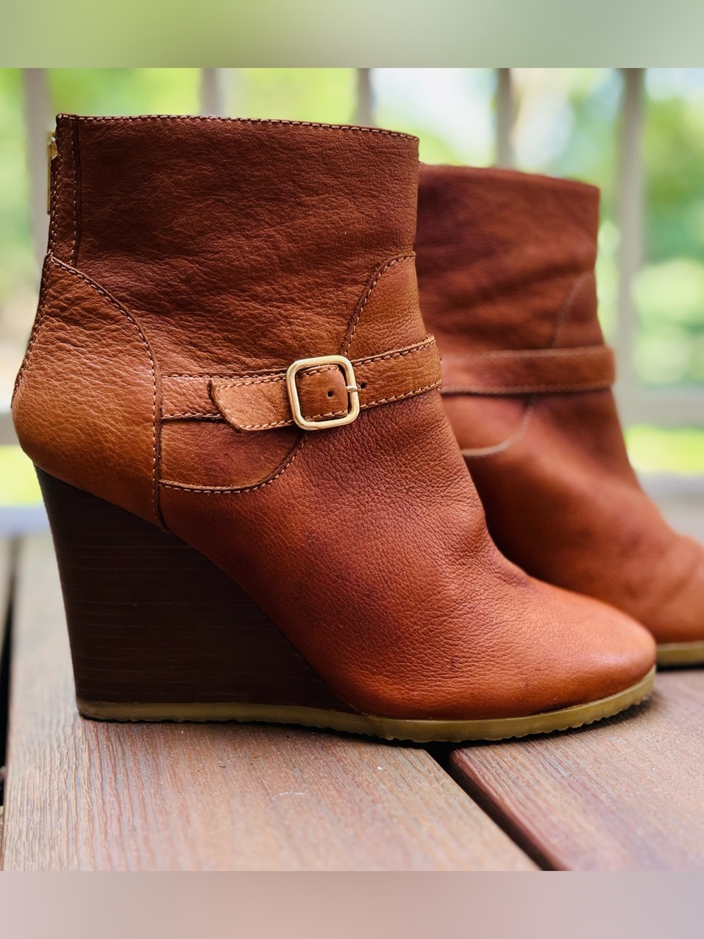 J. Crew Emmett Cognac Leather Wedge Ankle Boots in Women’s Size 8
